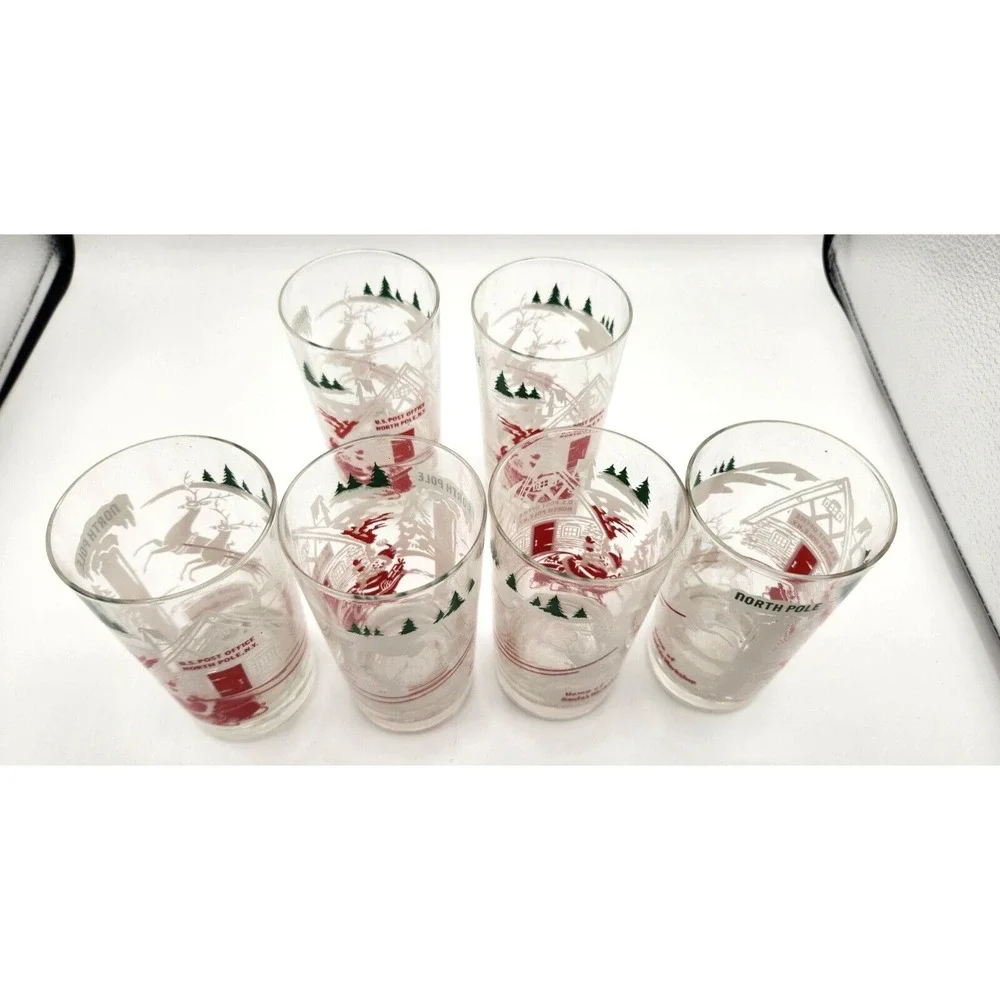 Libbey MCM Santa Reindeer North Pole Post Office Drinking Glasses Set of 6 RARE